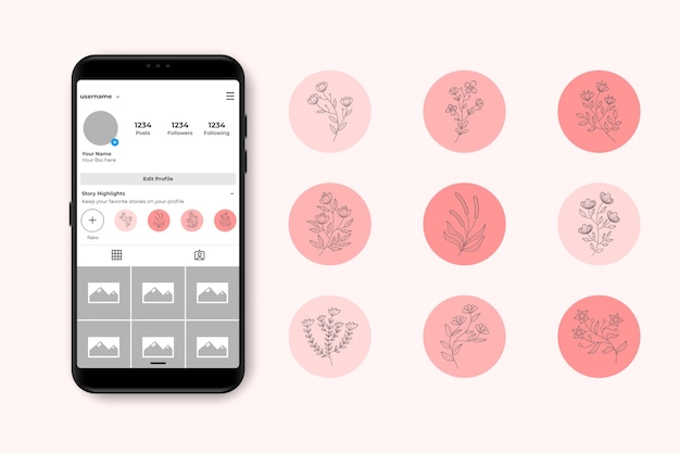 Vector hand drawn instagram floral stories highlights