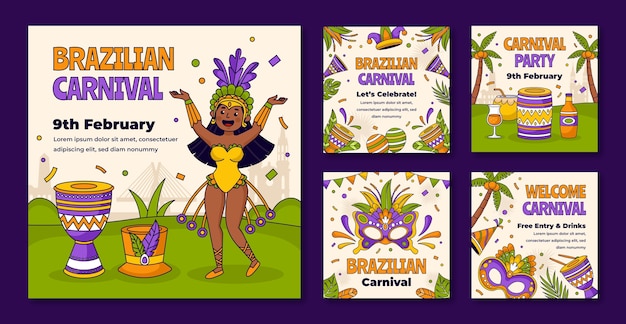 Hand drawn instagram posts collection for brazilian carnival celebration