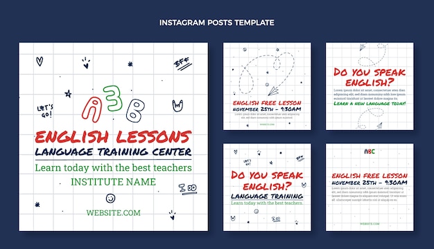 Hand drawn instagram posts collection for english learning lessons