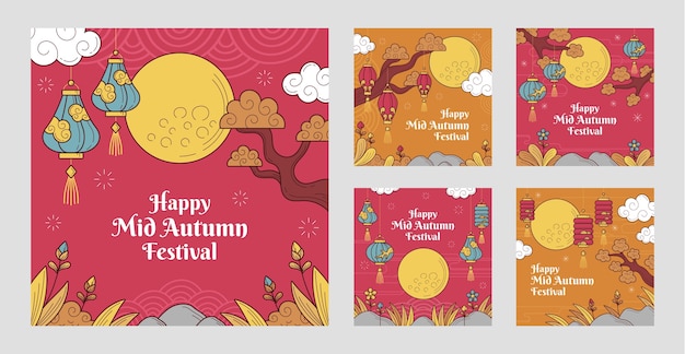 Нарисованная вручную коллекция постов в instagram для празднования фестиваля середины осени
