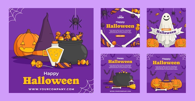 Vector hand drawn instagram posts collection for halloween celebration