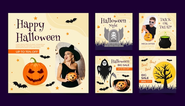 Vector hand drawn instagram posts collection for halloween celebration