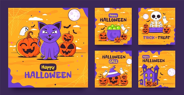 Vettore raccolta di post instagram disegnati a mano per la stagione di halloween