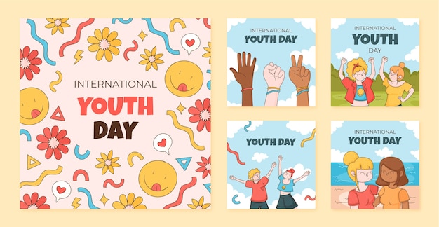 Hand drawn instagram posts collection for international youth day celebration