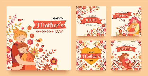 Нарисованная вручную коллекция постов в instagram для празднования дня матери