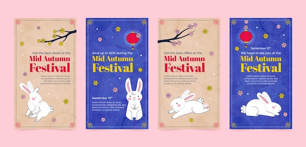 Вектор Нарисованная вручную коллекция историй instagram для празднования фестиваля середины осени