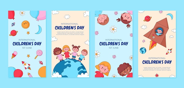 Vector hand drawn instagram stories collection for international children's day celebration