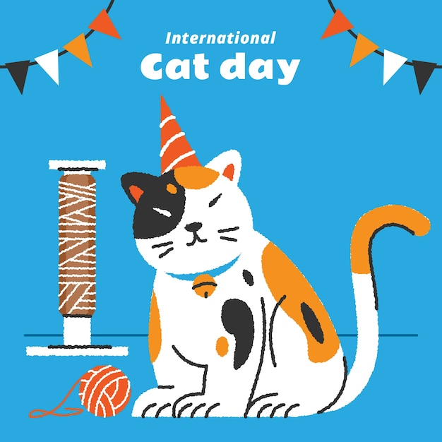 Hand drawn international cat day illustration with cat and scratching post