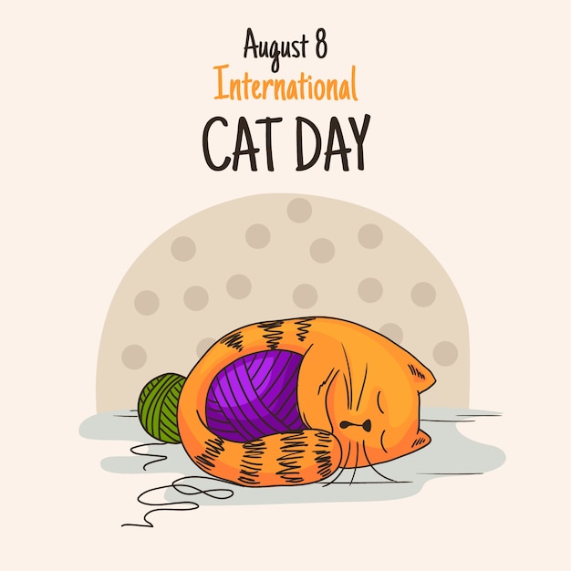 Hand drawn international cat day illustration with cat and yarn