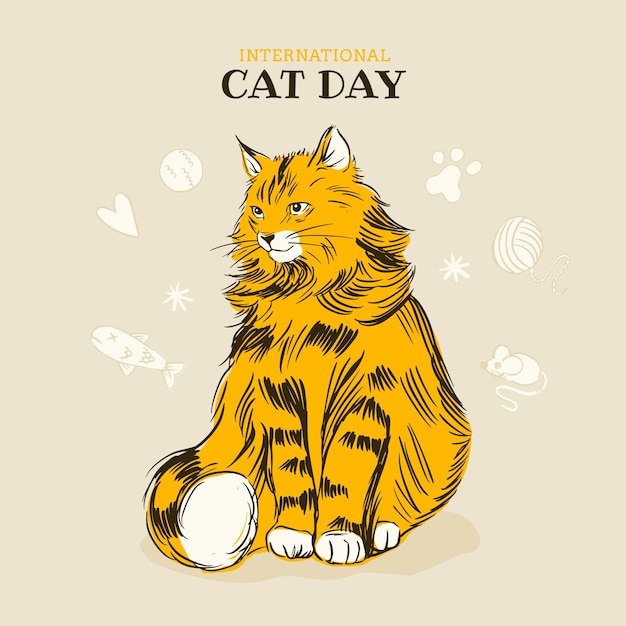 Vector hand drawn international cat day illustration with cat