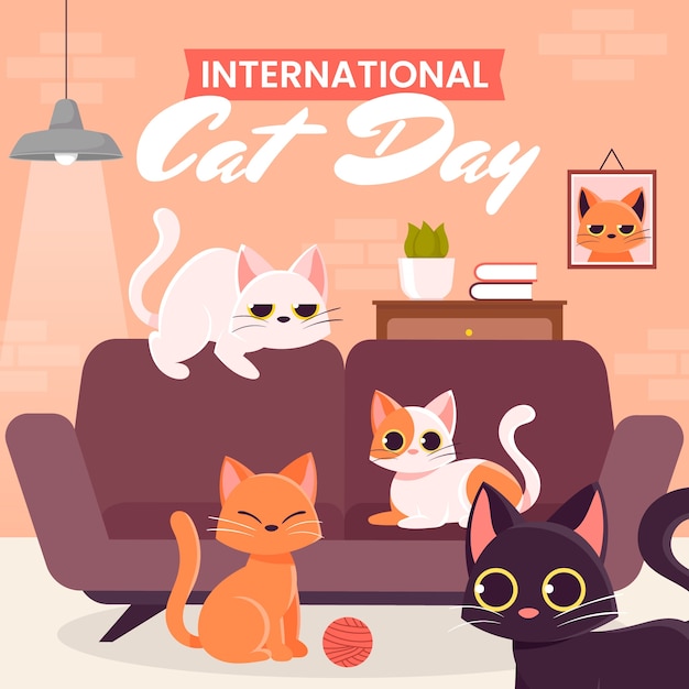 Vector hand drawn international cat day illustration