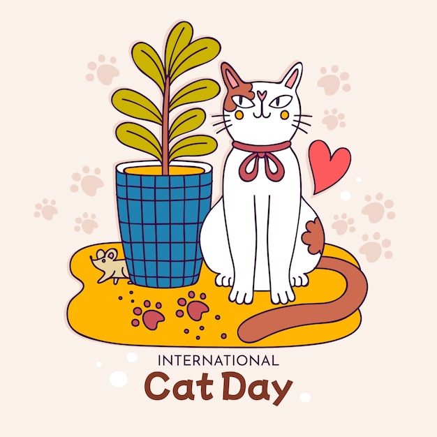 Vector hand drawn international cat day illustration