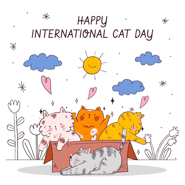 Vector hand drawn international cat day illustration