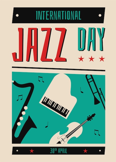 Вектор Ручно нарисованный вертикальный плакат с иллюстрацией международного дня джаза