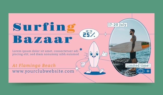 Modello di banner orizzontale disegnato a mano per la giornata internazionale del surf