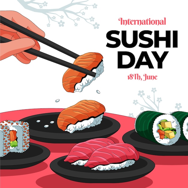 Vettore illustrazione disegnata a mano della giornata internazionale del sushi