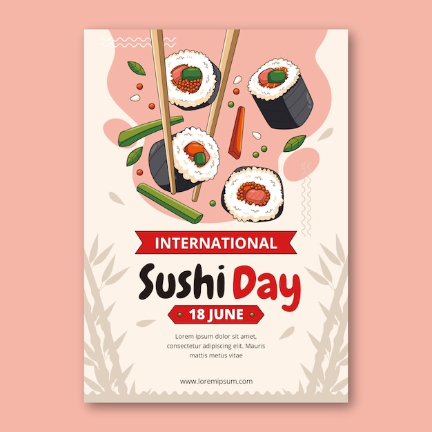 Ручно нарисованный шаблон вертикального плаката Международного дня суши