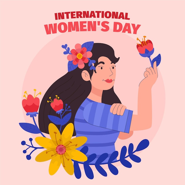 hand-drawn international women's day illustration with woman and flowers