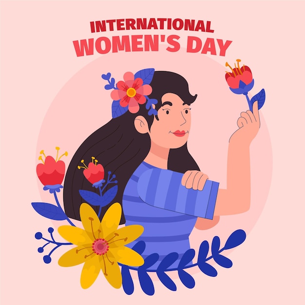 Hand-drawn international women's day illustration with woman and flowers