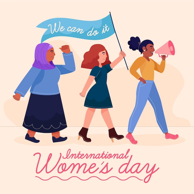 旗とメガフォンを持つ女性と手描きの国際女性の日のイラスト