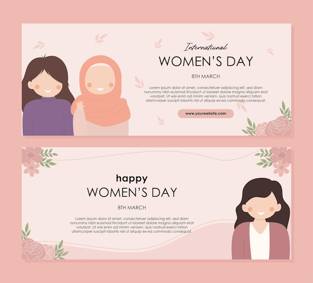 Vector hand drawn international womens day horizontal banners set