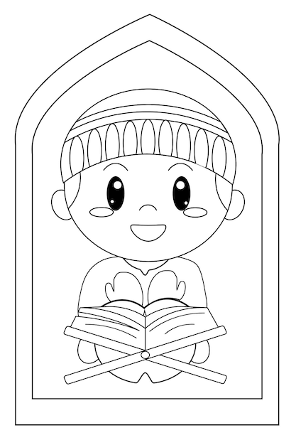 Personaggio islamico disegnato a mano contorno di ramadhan pagina da colorare per bambini 02