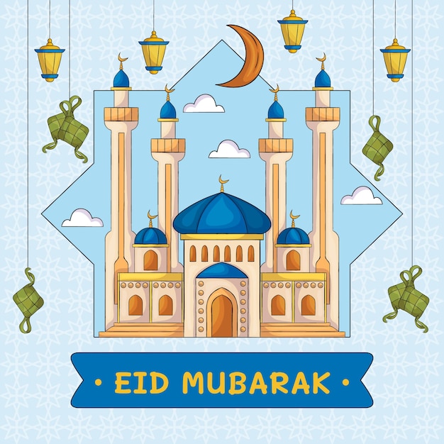 Fondo di eid mubarak della moschea islamica disegnata a mano vettore premium