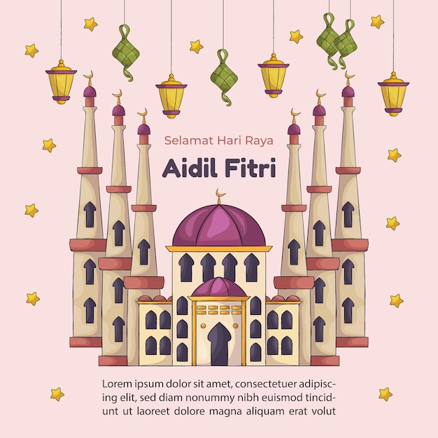 Hand drawn islamic mosque eid mubarak background premium vector