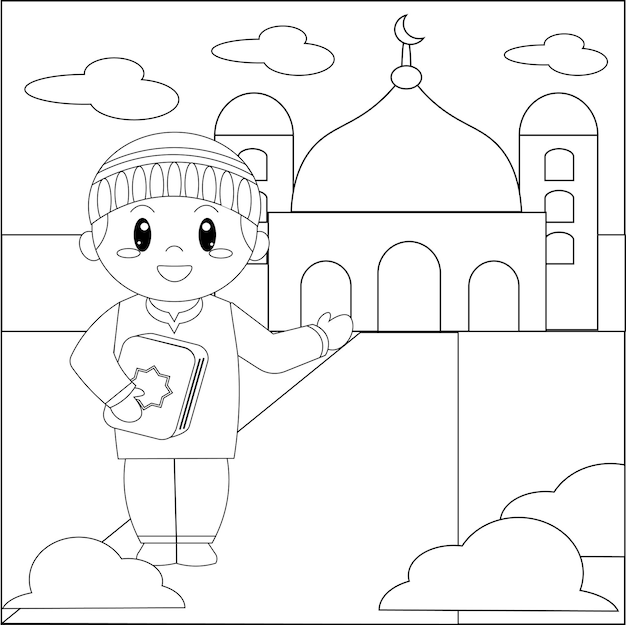 Moschea islamica disegnata a mano per bambini pagina da colorare 03