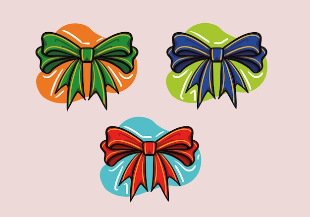 Vector hand drawn isolated knotted red, green, blue ribbon bow in cartoon style.