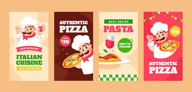 Vector hand drawn italian restaurant instagram stories