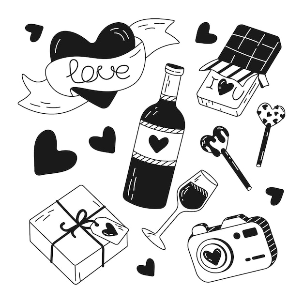 Hand drawn items for Valentines Day Illustration and Vector