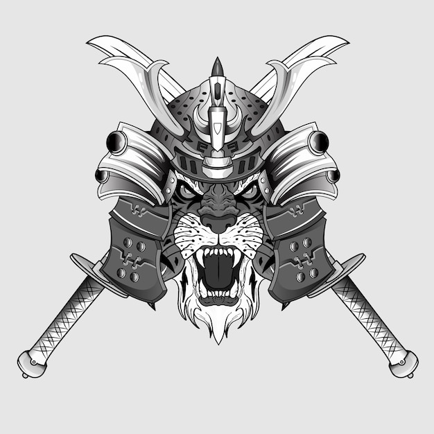 Hand drawn Japanase design samurai tiger helmet knight head artwork black and white