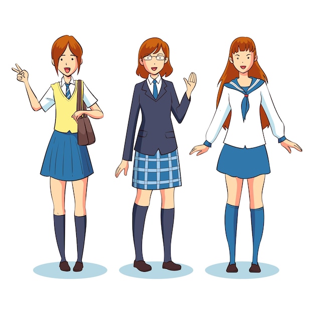 Vector hand drawn japanese female students