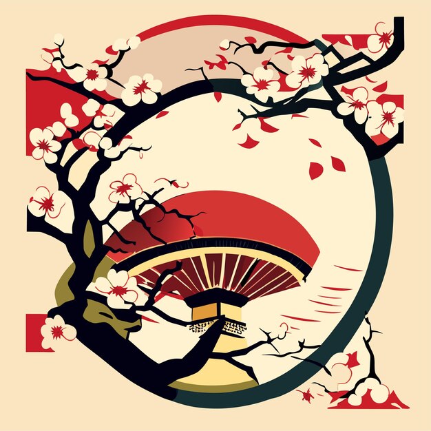 Vector hand drawn japanese illustration of cherry tree flowers