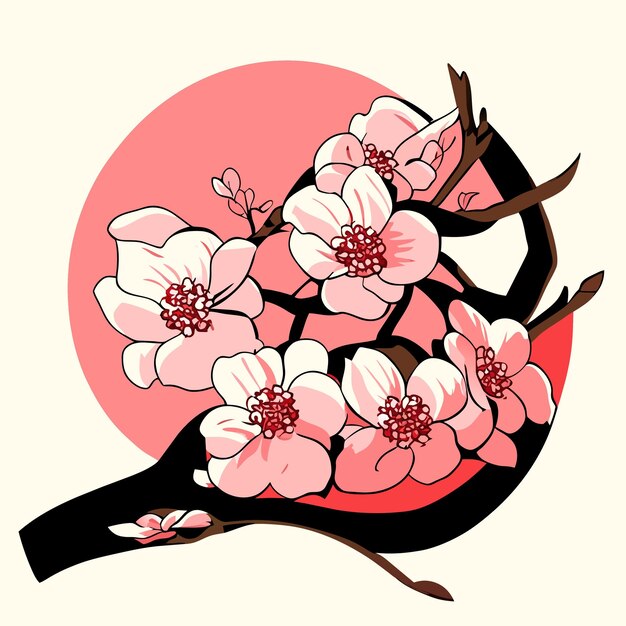 Vector hand drawn japanese illustration of cherry tree flowers