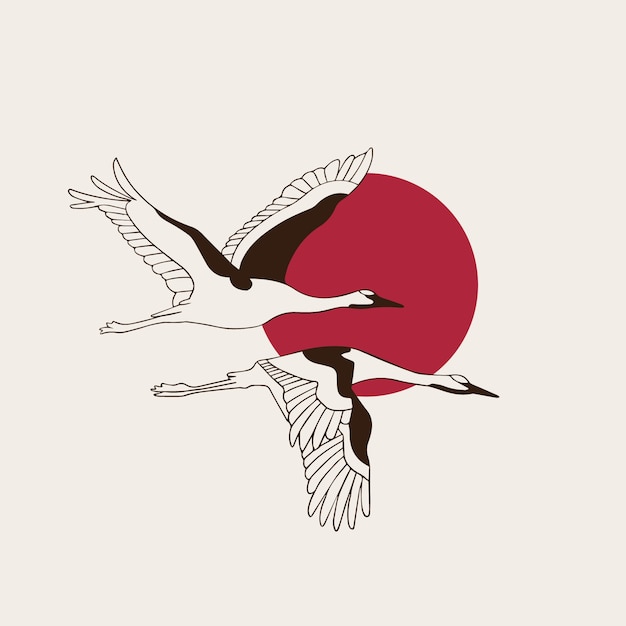 Vector hand drawn japanese illustration of cranes flying