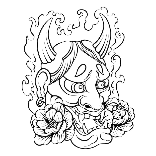 Hand drawn japanese oni demon mask coloring page black and white