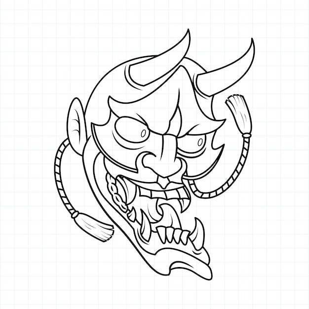 Vector hand drawn japanese oni demon mask coloring page vector illustration