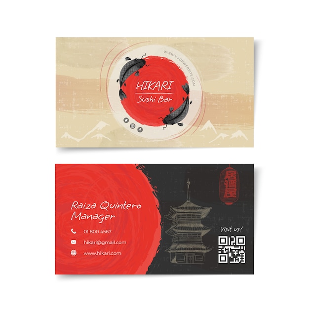 Hand drawn japanese restaurant horizontal business card template