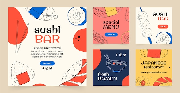 Vector hand drawn japanese restaurant instagram posts