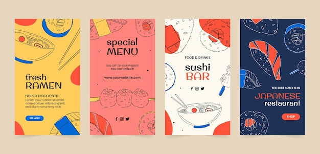 Vector hand drawn japanese restaurant instagram stories