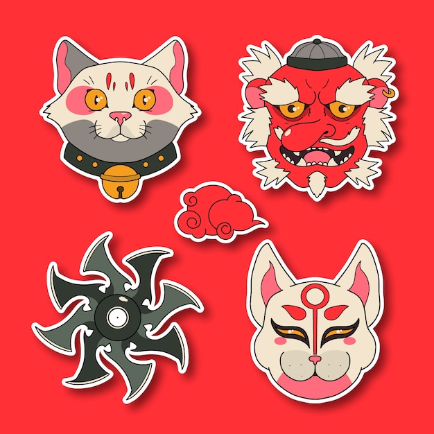 Vector hand drawn japanese sticker set