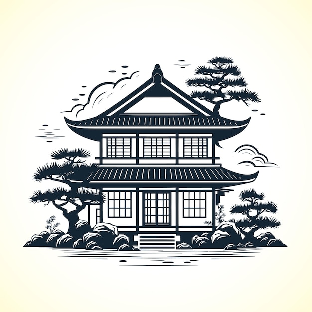 Hand drawn Japanese type house minimal simple style illustration