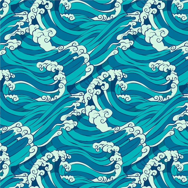 Hand drawn japanese wave pattern set