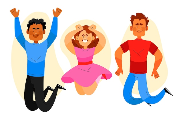 Vector hand drawn joyful people jumping together