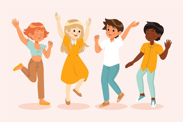 Vector hand drawn joyful people jumping together