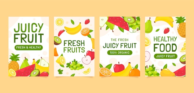 hand drawn juicy fruit cards collection with fresh fruit pieces