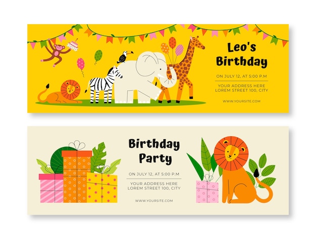 Vector hand drawn jungle birthday party banners