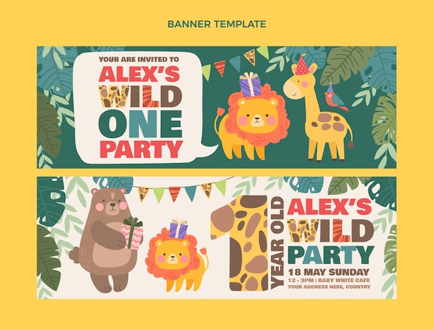 Vector hand drawn jungle birthday party horizontal banners set